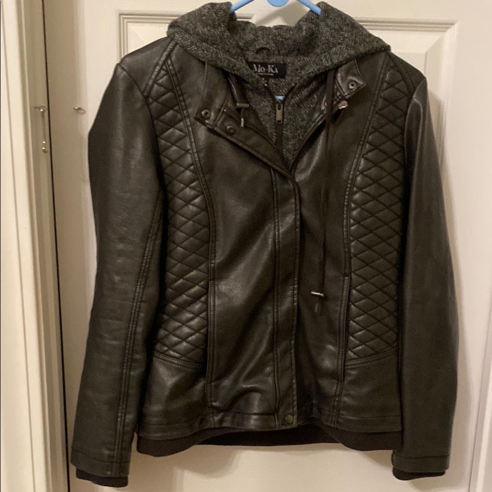 Women's Black Quilted Vegan Leather Jacket Hoodie